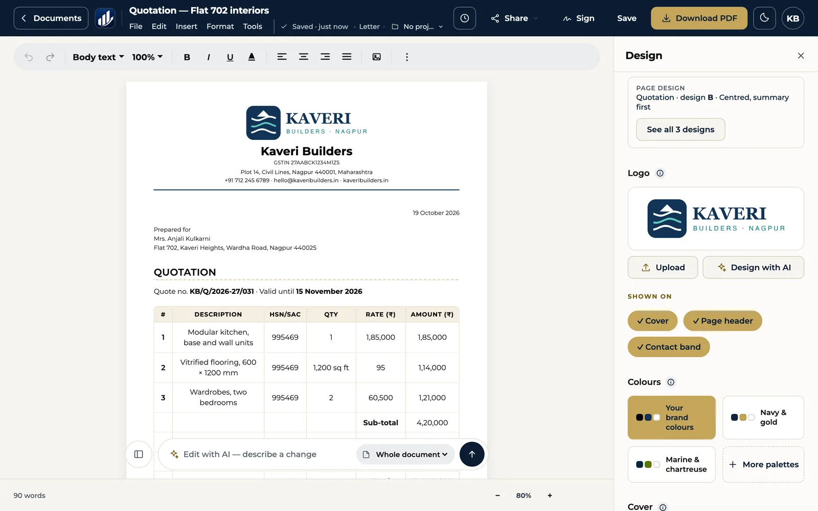 The SuperOffice editor with a finished, branded quotation and the design panel