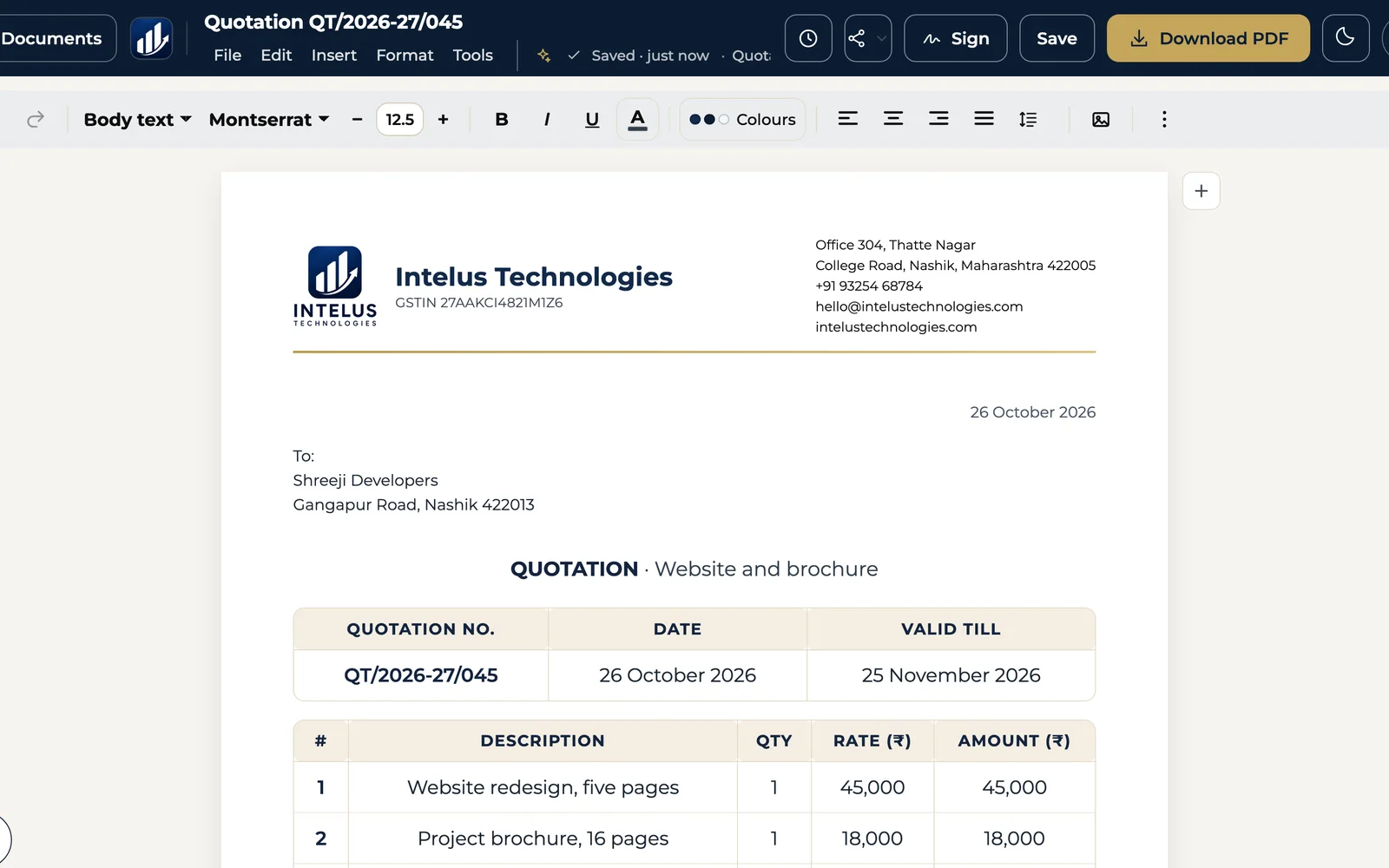 The SuperOffice editor with a finished, branded quotation and the design panel
