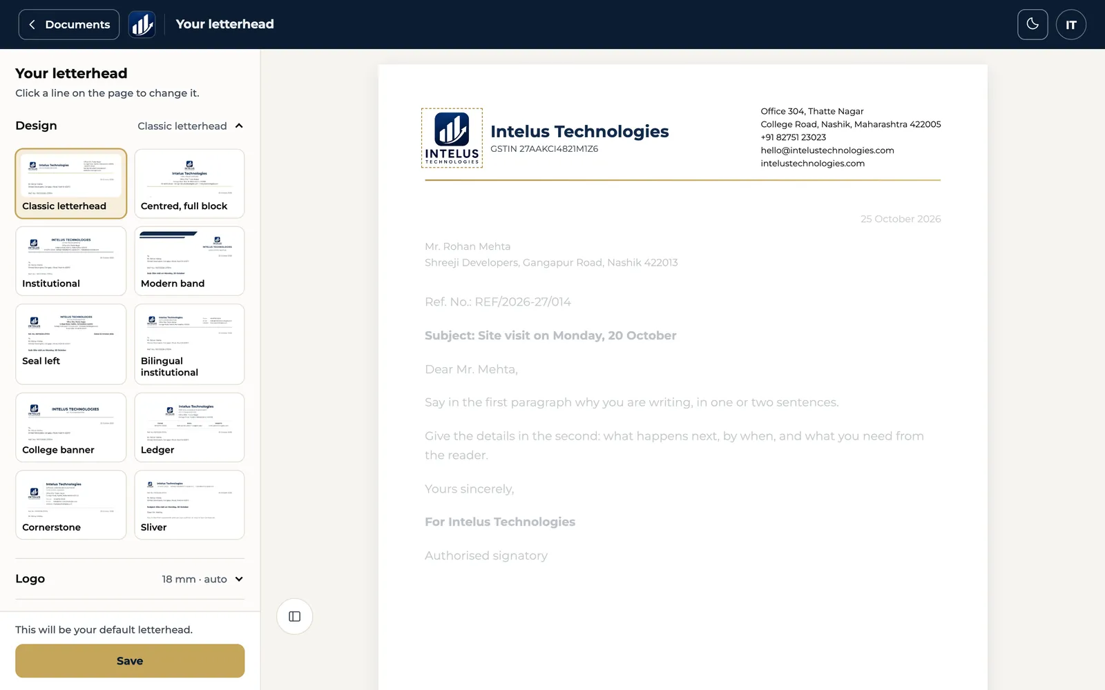The letterhead and company settings in SuperOffice