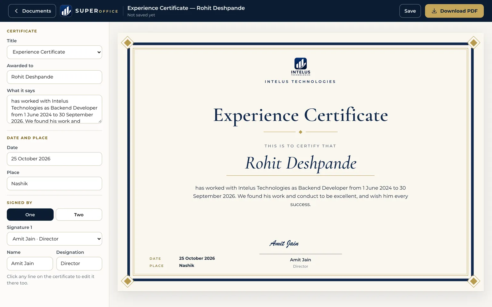 A certificate made in SuperOffice