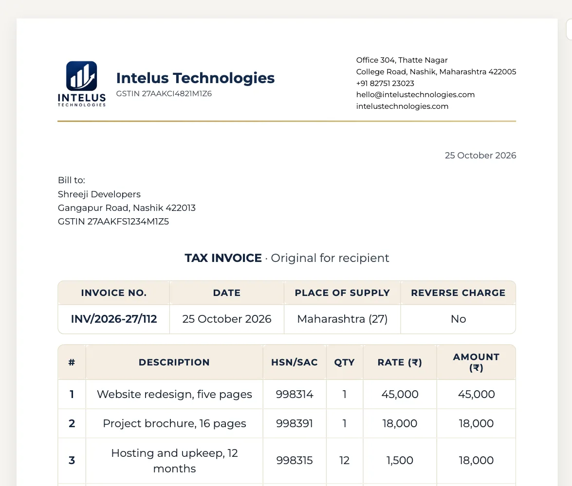 A GST invoice on the company letterhead in the SuperOffice editor