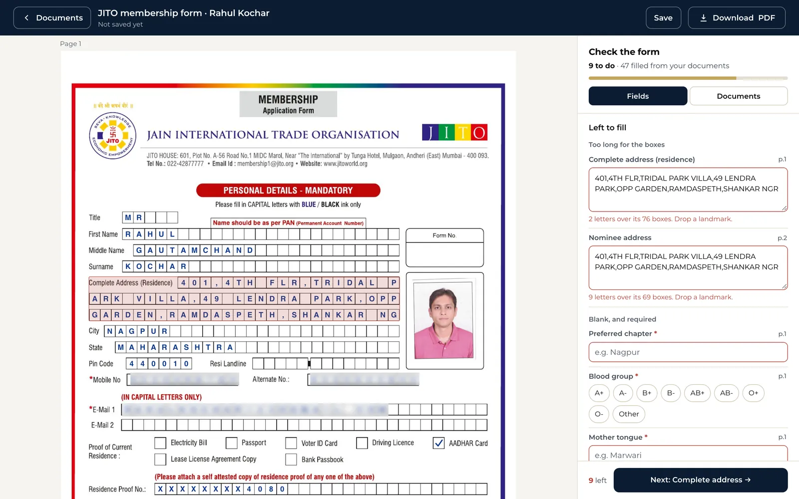 The JITO membership form filled from documents, with the check panel beside it