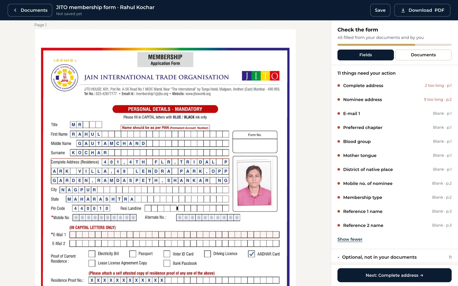 The JITO membership form filled from documents, with the check panel beside it