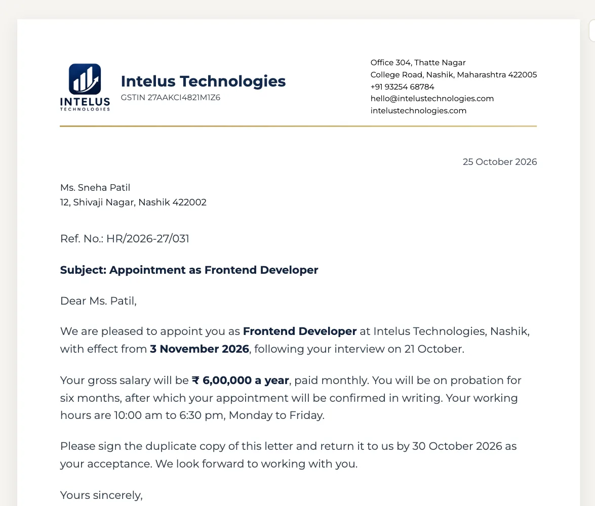 A letter on the company letterhead