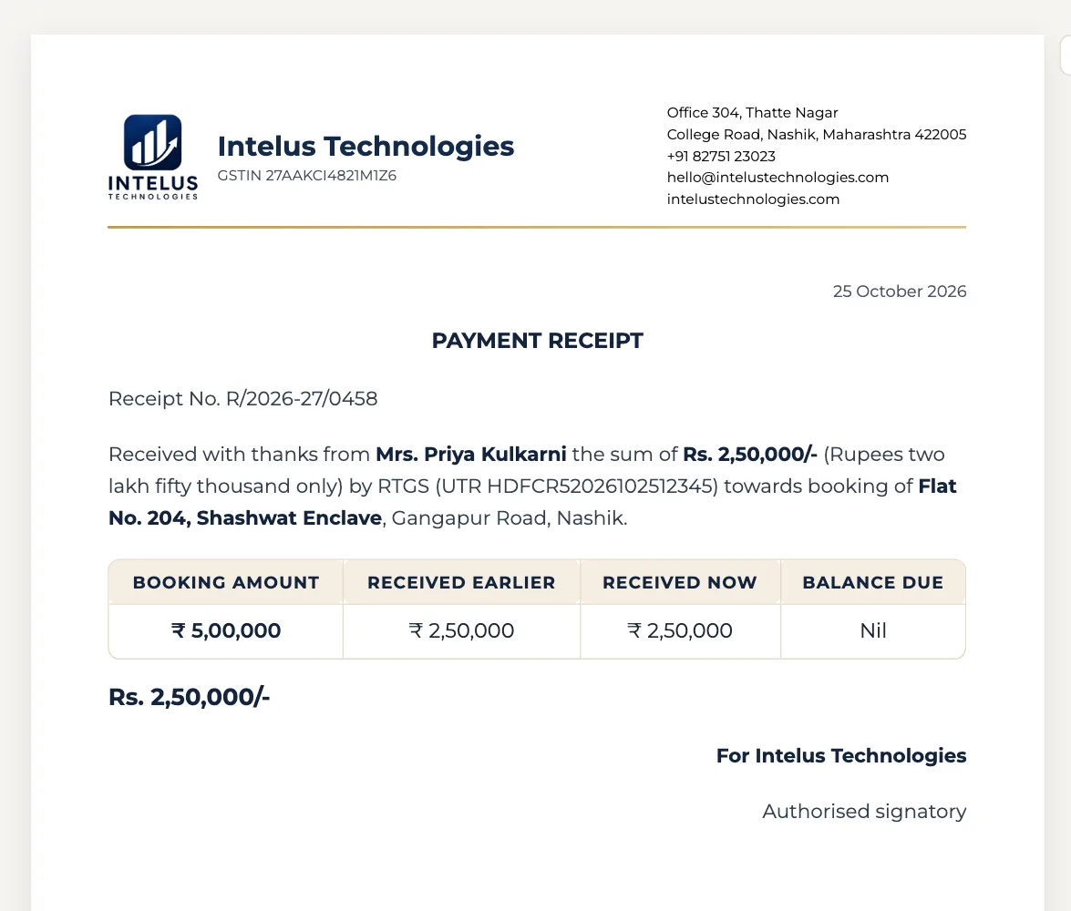 A payment receipt in the SuperOffice editor