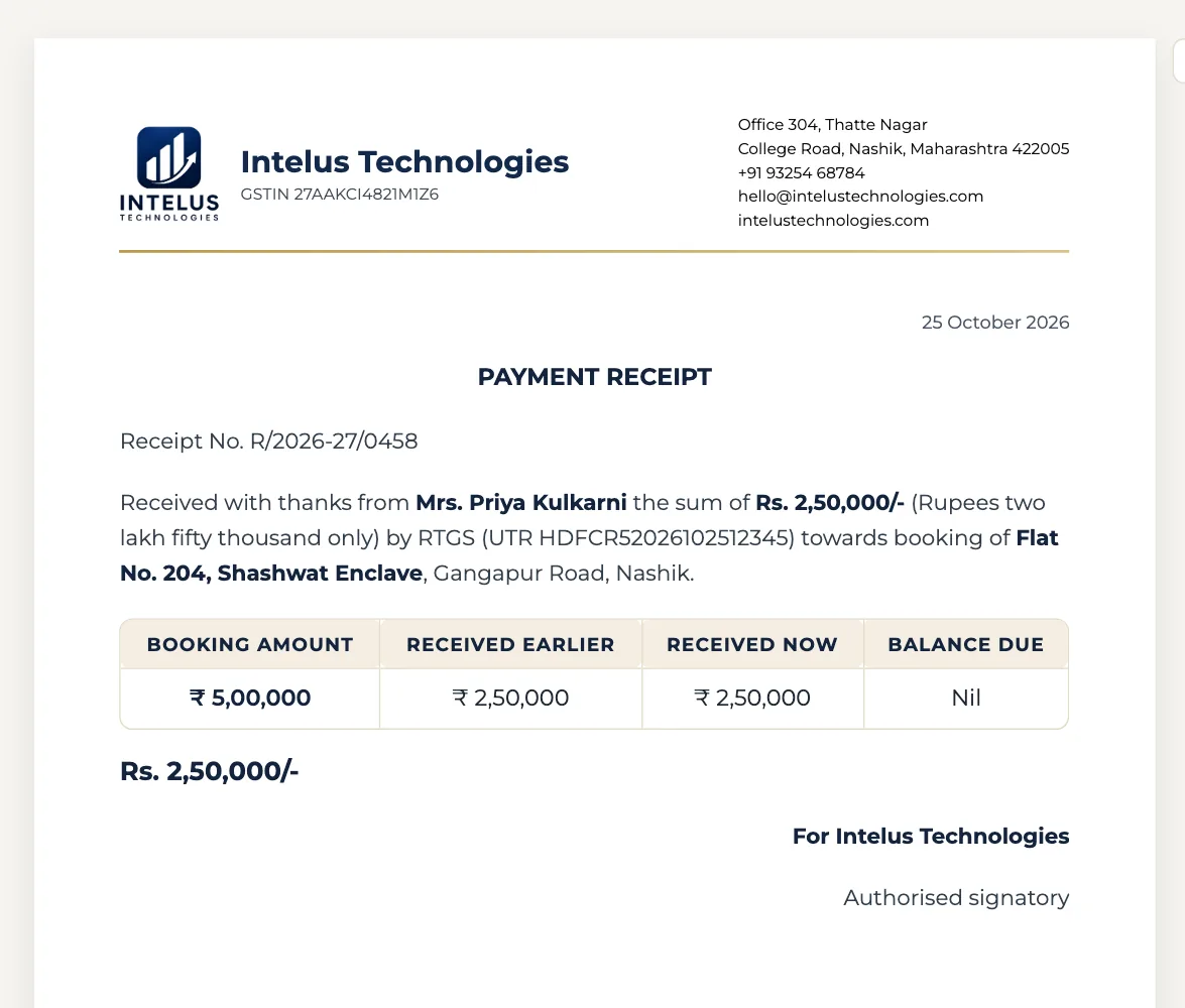 A payment receipt in the SuperOffice editor